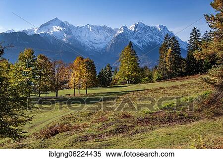 Stock Photography - Autumn landscape on the Kramerplateauweg with the Zugspitze group, Garmisch-Partenkirchen, Wetterstein range, Loisachtal, Werdenfelser Land, Upper Bavaria, Bavaria, Germany, Europe. Fotosearch