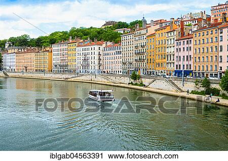Stock Image - Banks of Saone, Lyon, Rhône Alpes, France, Europe. Fotosearch