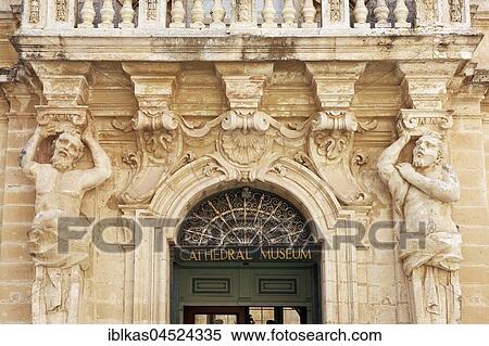 Stock Photography - Baroque façade with caryatids, cathedral museum, Cathedral Museum, Mdina, Malta, Europe. Fotosearch