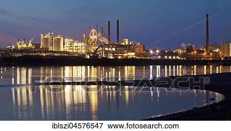 Stock Photo - Bayer AG, Chemiewerk on the Rhine, blue hour, Leverkusen, North Rhine-Westphalia, Germany, Europe. Fotosearch