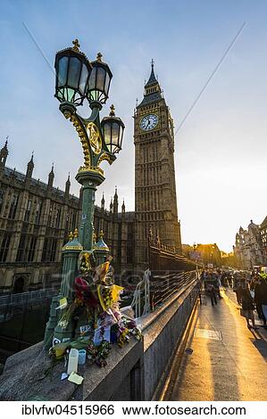 Big Ben and flowers commemorating terrorist attack on Westminster Bridge, backlit, evening light, City of Westminster, London, London region, England, United Kingdom, Europe View Large Photo Image Stock Photograph - Big Ben and flowers commemorating terrorist attack on Westminster Bridge, backlit, evening light, City of Westminster, London, London region, England, United Kingdom, Europe. Fotosearch