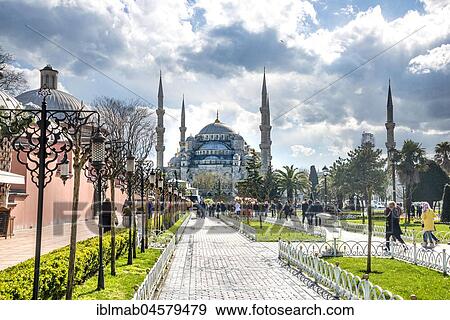 Stock Photo - Blue Mosque, Sultan Ahmet Camii, Way in the Sultan Ahmed Park, Sultanahmet, European part, Istanbul, Turkey, Asia. Fotosearch