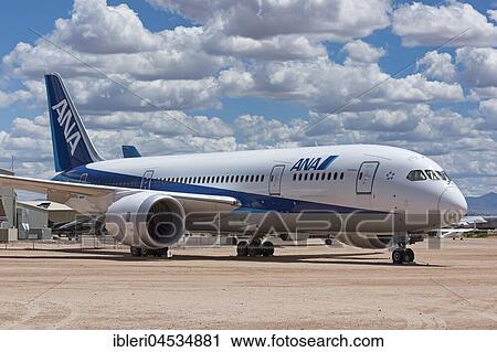 Stock Image - Boeing 787 or Dreamliner, two-jet long-distance commercial aircraft, made of carbon-fiber reinforced plastic, All Nippon Airways, from 2011, Pima Air & Space Museum (PASM), Tucson, Arizona. Fotosearch