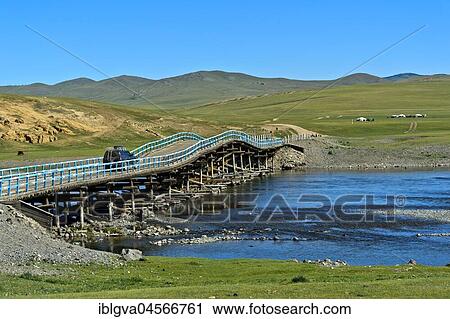 Stock Image - Bridge over the Orchon River, Khangai Nuruu National Park, Oevoerkhangai Aimag, Mongolia, Asia. Fotosearch