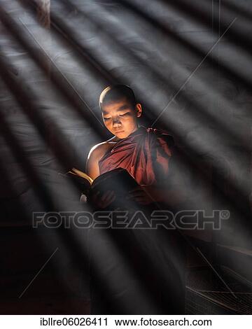 Buddhist young monk in red robe reading standing in front of rays of light in a temple, Bagan, Myanmar, Asia View Large Photo Image Stock Image - Buddhist young monk in red robe reading standing in front of rays of light in a temple, Bagan, Myanmar, Asia. Fotosearch