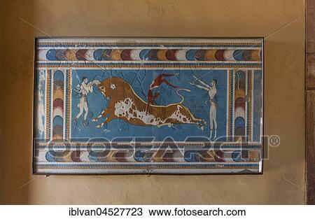Bull-leaping fresco, Palace of Knossos, ancient city of Knossos, Heraklion, Crete, Greece, Europe View Large Photo Image Stock Image - Bull-leaping fresco, Palace of Knossos, ancient city of Knossos, Heraklion, Crete, Greece, Europe. Fotosearch
