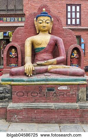 Stock Photography - Bumisparsha mudra Buddha Statue, Swayambunath or Monkey Temple, Unesco World Heritage Site, Kathmandu, Nepal, Asia. Fotosearch