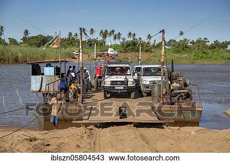 Stock Image - Cable ferry across the Buzi River, Safala Province, Mozambique, Africa. Fotosearch