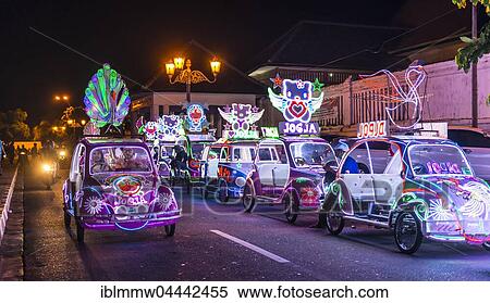 Stock Photography - Cars illuminated with colourful LEDs, pedal car, Yogyakarta, Indonesia, Asia. Fotosearch