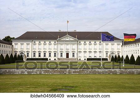 Stock Photo - Castle Bellevue with European flag and German flag, official seat of the German Federal President, Berlin, Germany, Europe. Fotosearch