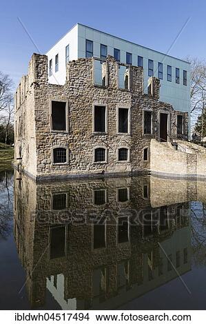 Picture - Castle ruin House Weitmar with cube, Bochum, Ruhr district, North Rhine-Westphalia, Germany, Europe. Fotosearch