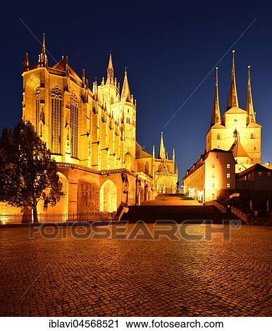Stock Image - Cathedral square with Erfurt Cathedral and parish church St. Severi, night view, Erfurt, Thuringia, Germany, Europe. Fotosearch