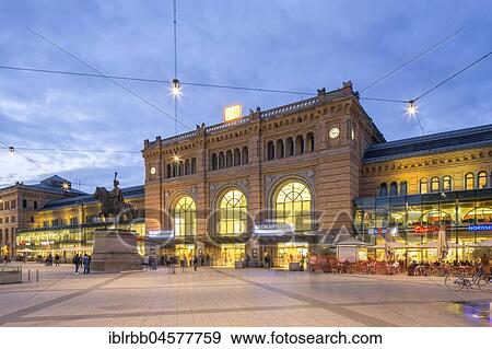 Stock Photo - Central railway station, evening twilight, city centre, Hannover, Lower Saxony, Germany, Europe. Fotosearch