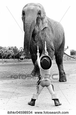Picture - Child disguised as a cowboy playing with elephant, England, Great Britain. Fotosearch