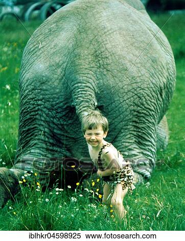 Stock Photography - Child pulls elephant on tail, England, Great Britain. Fotosearch