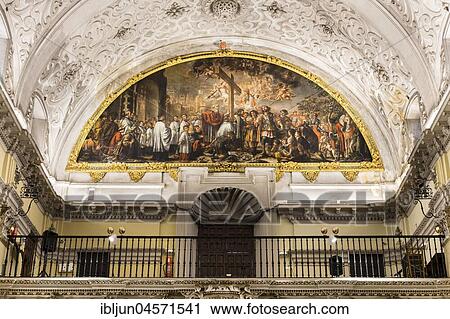 Stock Image - Choir, Coro, oil painting, Iglesia de San Jorge at the Hospital de la Santa Caridad, Seville, Andalusia, Spain, Europe. Fotosearch