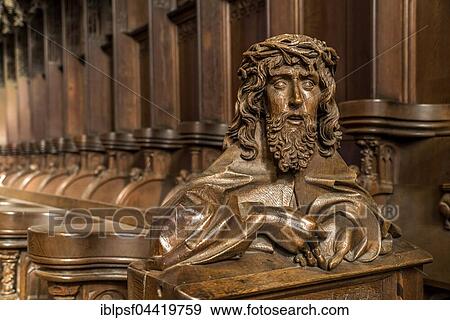 Stock Photo - Choir stalls with carved bust, Ulm Minster, Ulm, Baden-Württemberg, Germany, Europe. Fotosearch