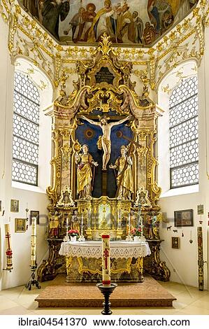 Stock Image - Choir with baroque high altar and Scheyern relic of the cross, St. Cross Chapel, Cloister Scheyern, Benedictine abbey, district Pfaffenhofen an der Ilm, Upper Bavaria, Bavaria, Germany, Europe. Fotosearch