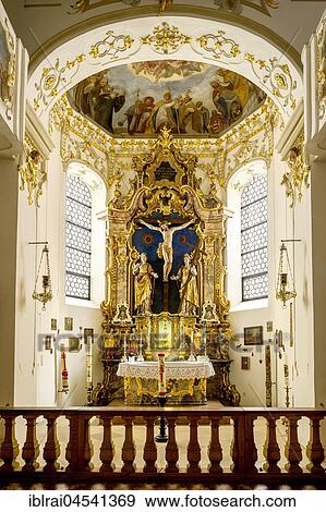 Stock Photo - Choir with baroque high altar and Scheyern relic of the cross, St. Cross Chapel, Cloister Scheyern, Benedictine abbey, district Pfaffenhofen an der Ilm, Upper Bavaria, Bavaria, Germany, Europe. Fotosearch