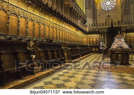 Choir with chairs, Coro, Cathedral of Santa María de la Sede, UNESCO World Heritage Site, Seville, Seville, Province of Seville, Andalusia, Spain, Europe View Large Photo Image Stock Photo - Choir with chairs, Coro, Cathedral of Santa María de la Sede, UNESCO World Heritage Site, Seville, Seville, Province of Seville, Andalusia, Spain, Europe. Fotosearch