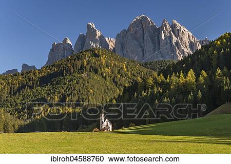 Stock Image - Church of St. Johann in Ranui, St. John's Chapel, Geisler Group, Villnösstal, South Tyrol, Italy, Europe. Fotosearch