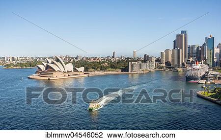 Stock Image - Circular Quay and The Rocks, skyline with Sydney Opera House, Financial District, banking district, Sydney, New South Wales, Australia, Oceania. Fotosearch