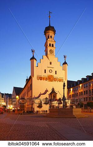 Picture - City Hall at the Rathausplatz at dusk,, Altstadt, Kempten, Allgäu, Oberschwaben, Bavaria, Germany, Europe. Fotosearch