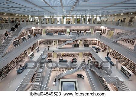 Stock Image - City Library, Interior, Stuttgart, Baden-Württemberg, Germany, Europe. Fotosearch
