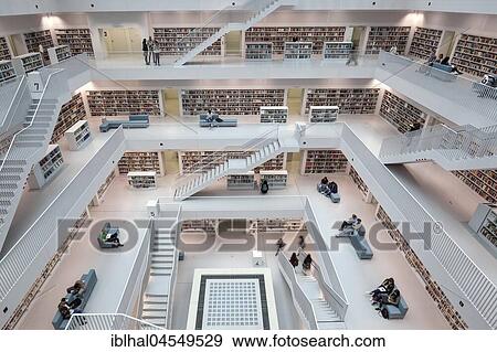Stock Photo - City Library, Interior, Stuttgart, Baden-Württemberg, Germany, Europe. Fotosearch