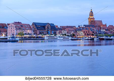 Stock Photo - Cityview with harbour, Waren, Mecklenburg-Western Pomerania, Germany, Europe. Fotosearch