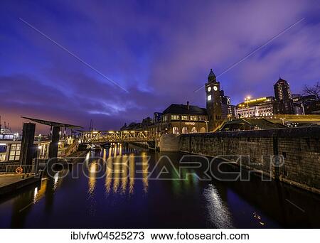 Clock tower, Gauging tower, bridge, pier, St. Pauli landing stages, harbor, night shot, landing stages, Elbe, St. Pauli, Hamburg, Germany, Europe View Large Photo Image Stock Image - Clock tower, Gauging tower, bridge, pier, St. Pauli landing stages, harbor, night shot, landing stages, Elbe, St. Pauli, Hamburg, Germany, Europe. Fotosearch