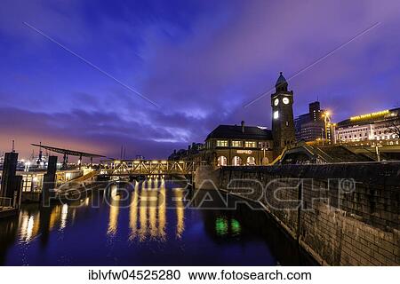 Clock tower, Gauging tower, bridge, pier, St. Pauli landing stages, harbor, night shot, landing stages, Elbe, St. Pauli, Hamburg, Germany, Europe View Large Photo Image Stock Image - Clock tower, Gauging tower, bridge, pier, St. Pauli landing stages, harbor, night shot, landing stages, Elbe, St. Pauli, Hamburg, Germany, Europe. Fotosearch