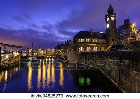 Clock tower, Gauging tower, bridge, pier, St. Pauli landing stages, harbor, night shot, landing stages, Elbe, St. Pauli, Hamburg, Germany, Europe View Large Photo Image Stock Photo - Clock tower, Gauging tower, bridge, pier, St. Pauli landing stages, harbor, night shot, landing stages, Elbe, St. Pauli, Hamburg, Germany, Europe. Fotosearch