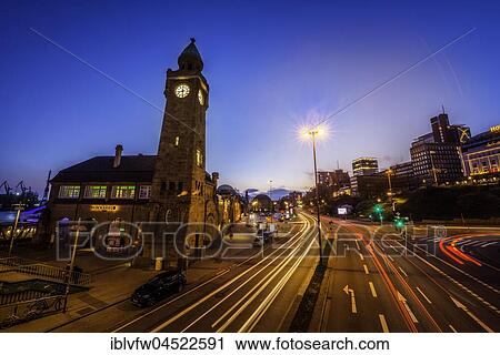 Clock tower, Gauging tower, St. Pauli landing stages with street, night shot, landing stages, harbor, St. Pauli, Hamburg, Germany, Europe View Large Photo Image Stock Image - Clock tower, Gauging tower, St. Pauli landing stages with street, night shot, landing stages, harbor, St. Pauli, Hamburg, Germany, Europe. Fotosearch
