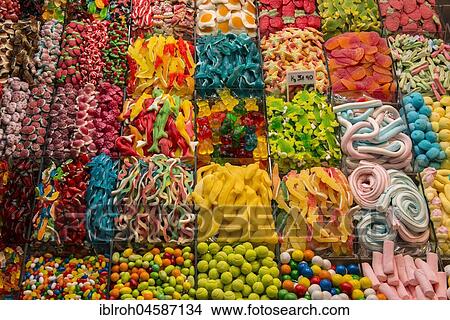 Colourful sweets at market stall, market hall Mercat de La Boqueria, Barcelona, Catalonia, Spain, Europe View Large Photo Image Picture - Colourful sweets at market stall, market hall Mercat de La Boqueria, Barcelona, Catalonia, Spain, Europe. Fotosearch