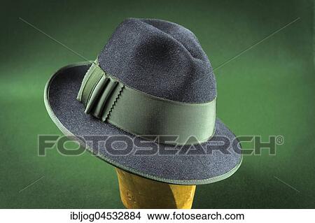 Picture - Completed wool felt hat, Altsteirer Hut, with hatband, hatmaker, Bad Aussee, Styria, Austria, Europe. Fotosearch