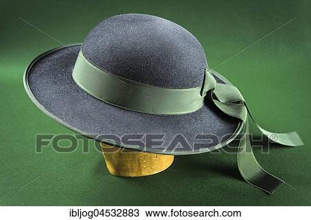 Stock Image - Completed wool felt hat, Altsteirer Hut, with hatband, hatmaker, Bad Aussee, Styria, Austria, Europe. Fotosearch