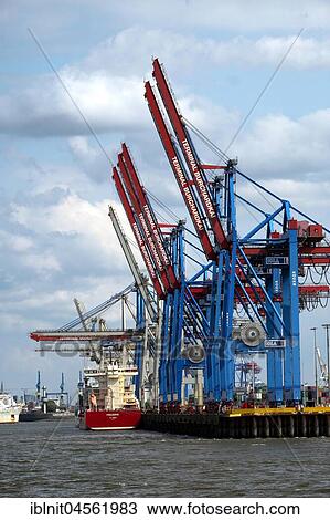 Stock Image - Container ship and loading cranes, container terminal, Hamburg harbor, Hamburg, Germany, Europe. Fotosearch