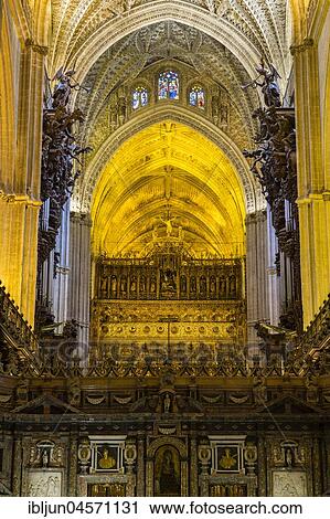 Stock Image - Coro, back of the choir, Capilla Mayor, vault, Cathedral of Santa María de la Sede, UNESCO World Heritage Site, Seville, province of Seville, Andalusia, Spain, Europe. Fotosearch