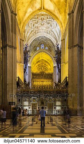 Stock Image - Coro, back of the choir, Capilla Mayor, vault, Cathedral of Santa María de la Sede, UNESCO World Heritage Site, Seville, province of Seville, Andalusia, Spain, Europe. Fotosearch