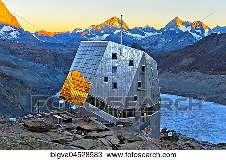 Dawn at the Monte Rosa Hut, at back Gorner Glacier, Zermatt, Valais, Switzerland, Europe View Large Photo Image Stock Image - Dawn at the Monte Rosa Hut, at back Gorner Glacier, Zermatt, Valais, Switzerland, Europe. Fotosearch