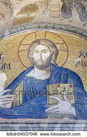 Stock Photograph - Detail, mosaic in the lunette over the doorway to the esonarthex depicying Christ as the land of the living, Chora church, Chora church museum, Istanbul, Turkey, Asia. Fotosearch