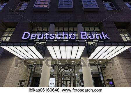 Stock Photo - Deutsche Bank on Königsallee, illuminated lettering, Düsseldorf, North Rhine-Westphalia, Germany, Europe. Fotosearch