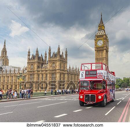 Stock Photo - Double-decker bus, Westminster Bridge, Palace of Westminster, Houses of Parliament, Big Ben, City of Westminster, London, England, Great Britain. Fotosearch