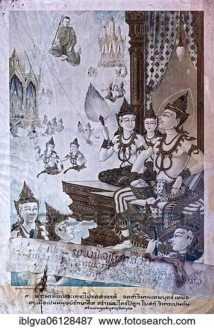 Stock Photo - Drawing from the book Phra Malaya with the title The Kingdom of Indra, the King of Gods, Temple Wat Sen Soukharam, Luang Prabang, Laos, Asia. Fotosearch