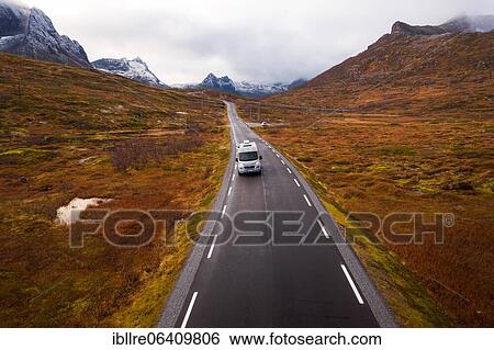 Drone shot, campervan on a road with autumnal vegetation, Fylkesvei 862, Melfjordbotn, Senja, Norway, Europe View Large Photo Image Stock Photograph - Drone shot, campervan on a road with autumnal vegetation, Fylkesvei 862, Melfjordbotn, Senja, Norway, Europe. Fotosearch