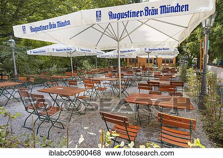Stock Photo - Empty beer garden because of Corona, Bamberg House, Schwabing-West, Munich, Upper Bavaria, Bavaria, Germany, Europe. Fotosearch