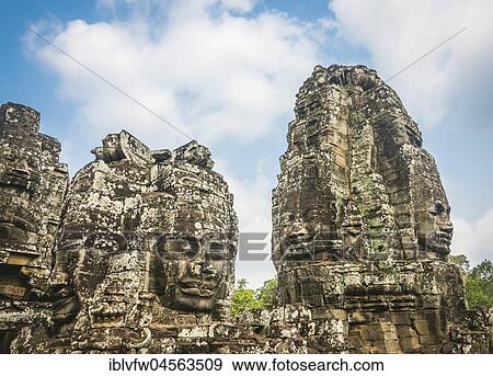 Stock Photo - Face Towers, Stone Faces, Bodhisattva Lokeshvara, Avalokiteshvara, Temple Ruins, Bayon Temple, Angkor Thom Complex, Angkor Archaeological Park, Siem Reap Province, Cambodia, Asia. Fotosearch