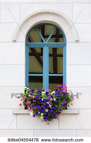 Stock Photo - Fasade with window and flowers, Lower Franconia, Bavaria, Germany, Europe. Fotosearch