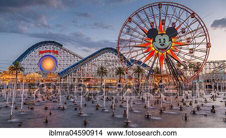 Picture - Ferris Wheel Mickey's Fun Wheel and Roller Coaster California Screamin', in front Lake Paradise Bay with water fountains, California Adventure Park, Disneyland Resort, Anaheim, California, USA, North America. Fotosearch